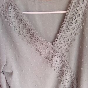 Lace Trim V-Neck Blouse in Light Sage